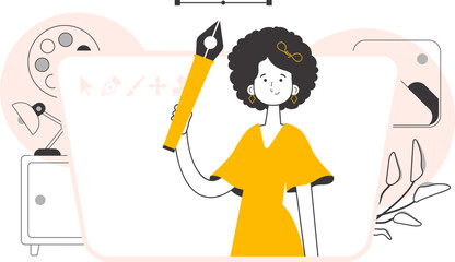The girl designer holds a pen tool for 2D graphics in her hand. Line art style. Vector.