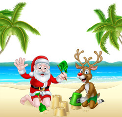 Christmas Santa and Reindeer on Summer Beach
