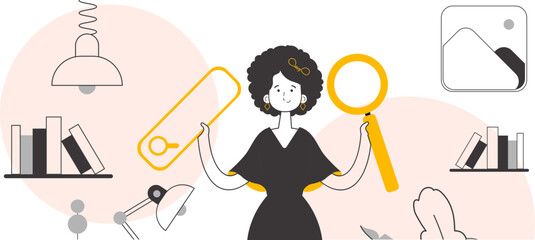 Fototapeta na wymiar A woman holds a magnifying glass in her hands. Search concept. Linear trendy style. Vector.