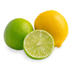Whole yellow ripe lemon and green sour refreshing lime citrus juicy fruits wet with water drops...