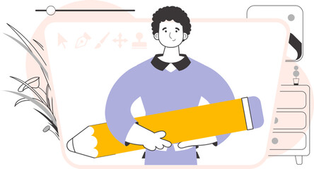 The man is holding a pencil. Linear trendy style. Vector illustration.