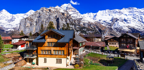 Switzerland nature and travel. Alpine scenery. Scenic traditional mountain village Murren...