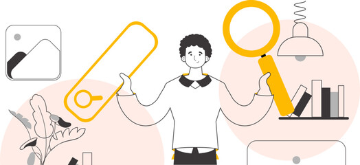 The guy is holding a magnifying glass in his hands. Search concept. Line art style. Vector.