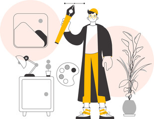 The designer guy holds a pen tool for 2D graphics in his hand. Lines modern style. Vector.