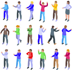 Fototapeta premium People talking with hand gesture icons set isometric vector. Say people. Hello deaf