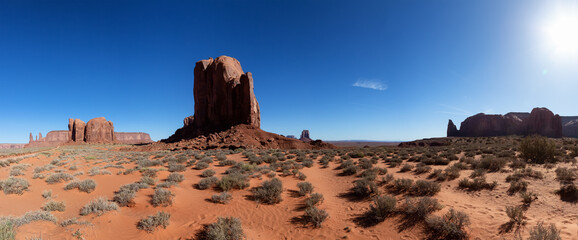 Desert Rocky Mountain American Landscape. Sunny Morning Sunrise. Oljato-Monument Valley, Utah, United States. Nature Background Panorama.