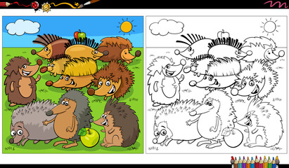 cartoon hedgehogs animal characters group coloring page
