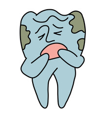 Root tooth cartoon character with problem and solution. Dental care for healthy teeth. Medical professional check up and treatment. Hand drawn illustration. Comic personage with emotions style drawing