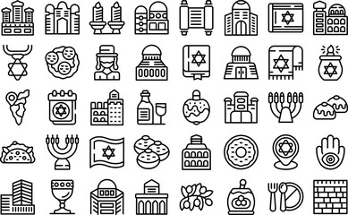 Israel icons set outline vector. Airplane anniversary. Tower wall