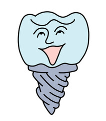 Root tooth cartoon character with problem and solution. Dental care for healthy teeth. Medical professional check up and treatment. Hand drawn illustration. Comic personage with emotions style drawing