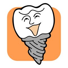 Root tooth cartoon character with problem and solution. Dental care for healthy teeth. Medical professional check up and treatment. Hand drawn illustration. Comic personage with emotions style drawing