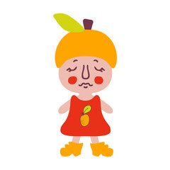 Vintage style cute gnome in fruit peach hat. Perfect for posters, greeting cards, T-shirt, stickers and print. Isolated vector illustration for decor and design.