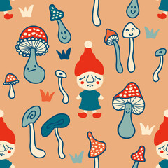 Fall seamless pattern with gnomes and agaric mushrooms. Perfect boho  print for tee, textile, paper and fabric. Hand drawn vector illustration for surface design.