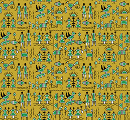 Yellow Background Warli Paint Fabric Seamless  Design 
