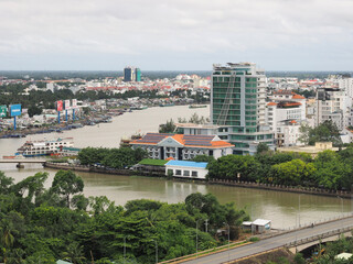 Fototapeta premium A view of the downtown area of Can Tho city, from above.