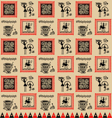 Black And Red Warli Paint Background Fabric Design 