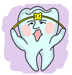 Root tooth cartoon character with problem and solution. Dental care for healthy teeth. Medical professional check up and treatment. Hand drawn illustration. Comic personage with emotions style drawing