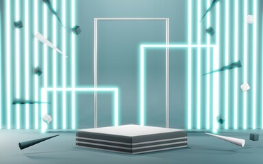 Fototapeta premium 3D rendering of blank product background for cream cosmetics Modern blue pastel podium background