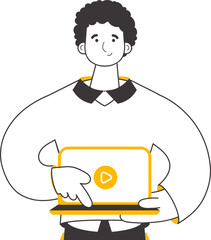 The guy is holding a laptop and pressing play. Linear trendy style. Vector illustration.