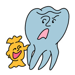Root tooth cartoon character with problem and solution. Dental care for healthy teeth. Medical professional check up and treatment. Hand drawn illustration. Comic personage with emotions style drawing