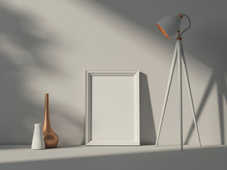 Vertical white poster Frame Mockup standing near wall with lamp, 3d rendering