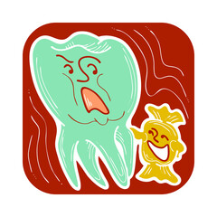 Root tooth cartoon character with problem and solution. Dental care for healthy teeth. Medical professional check up and treatment. Hand drawn illustration. Comic personage with emotions style drawing