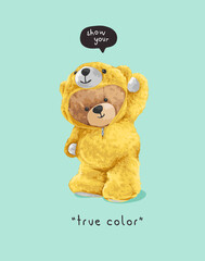 true color slogan with bear doll in yellow bear costume vector illustration - obrazy, fototapety, plakaty