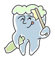 Root tooth cartoon character with problem and solution. Dental care for healthy teeth. Medical professional check up and treatment. Hand drawn illustration. Comic personage with emotions style drawing