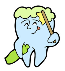 Root tooth cartoon character with problem and solution. Dental care for healthy teeth. Medical professional check up and treatment. Hand drawn illustration. Comic personage with emotions style drawing