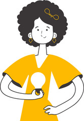 Girl and light bulb. Idea concept. Vector. Isolated on white background. Line art style.