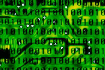 Binary code superimposed on a circuit board