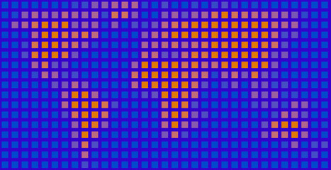 Pixelated World Map. Orange on blue. 