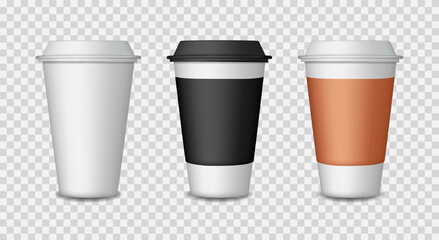 Coffee cup. Mockup of paper and plastic cups. Mug with lid for tea in cafe. Take away hot coffee. Set of templates for drink of latte, espresso, cappuccino. Design of mock for restaurant. Vector
