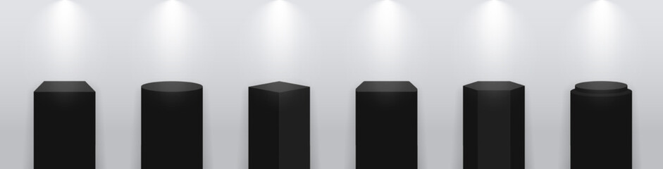 Podium mockup. Geometric stage for presentation. Black pedestal with spotlight for ceremony. 3d empty stand for object, show and exposition. Design of fashion shapes. Vector