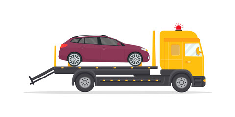 Tow and assistance service of auto. Truck for tow and recovery for vehicle on road. Insurance for repair of automobile. Breakdown of transport and emergency evacuator for transportation. Vector