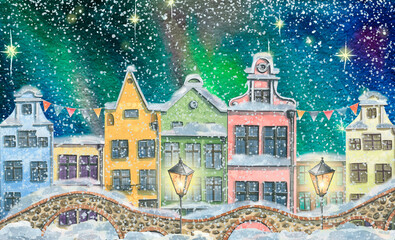 Cute European urban landscape, winter with houses, bridges, lanterns and snow on the background of the night sky and the northern lights with stars. Watercolor illustration. Christmas and New Year.