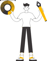 The designer guy holds a color wheel in his hands. Linear trendy style. Isolated. Vector illustration.