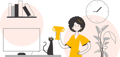 The woman is holding a goblet. Linear trendy style. Isolated on white background. Vector illustration.