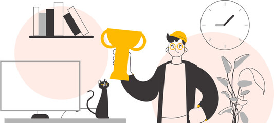 The guy is holding a cup. Line art style. Vector.