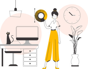 A woman designer holds a color wheel in her hands. Line art style. Vector illustration.