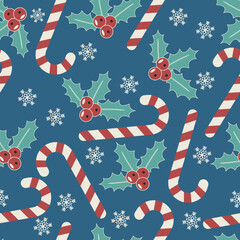 Christmas vector illustration. Seamless pattern with candy canes, mistletoe, snowflakes - 529031500