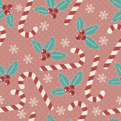 Christmas vector illustration. Seamless pattern with candy canes, mistletoe, snowflakes - 529031502