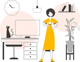 Woman and light bulb. Idea concept. Vector illustration. Line art style.