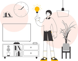 Man and light bulb. Idea concept. Vector illustration. Linear trendy style.