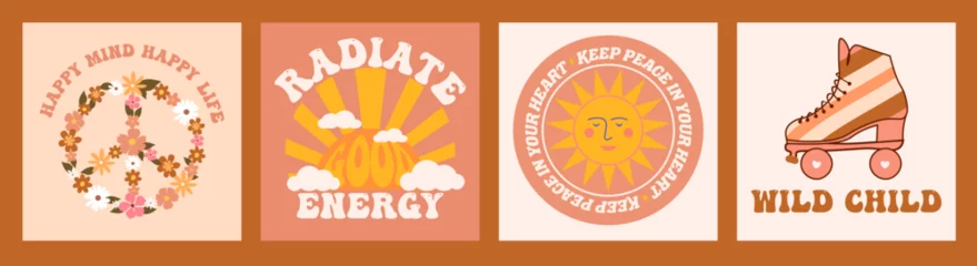 Fototapeten 70s inspired retro hippie graphic set for T-shirt, posters, cards, stickers, social media post. Inspirational typography slogan in warm colors of beige and pink © Ольга Логвиненко