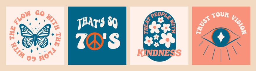 Op de jaren 70 geïnspireerde retro hippie afbeeldingenset voor T-shirt, posters, kaarten, stickers, post op sociale media. Inspirerende typografische slogan in de kleuren blauw en roze