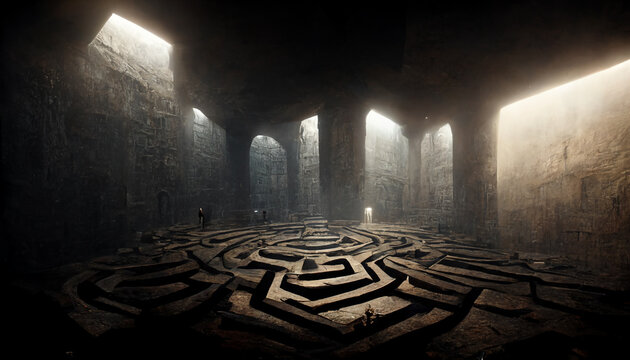 Ancient Stone Labyrinth. Dark Fantasy Maze