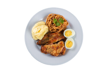 Lunch food plate. Pasta with roasted chicken, mashed and eggs. png transparent background