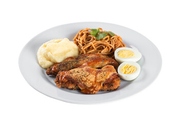 Lunch food plate. Pasta with roasted chicken, mashed and eggs. png transparent background