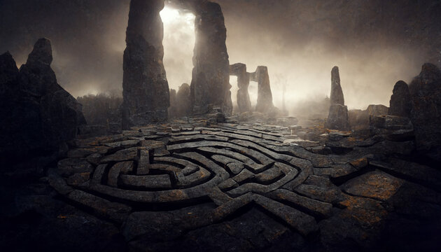 Ancient Stone Labyrinth. Dark Fantasy Maze, generative AI